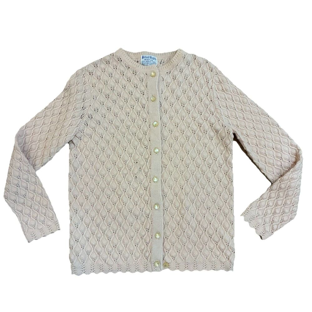 Vintage 70s British Vogue Wintuk Cardigan Sweater Sz Medium Blush Pink